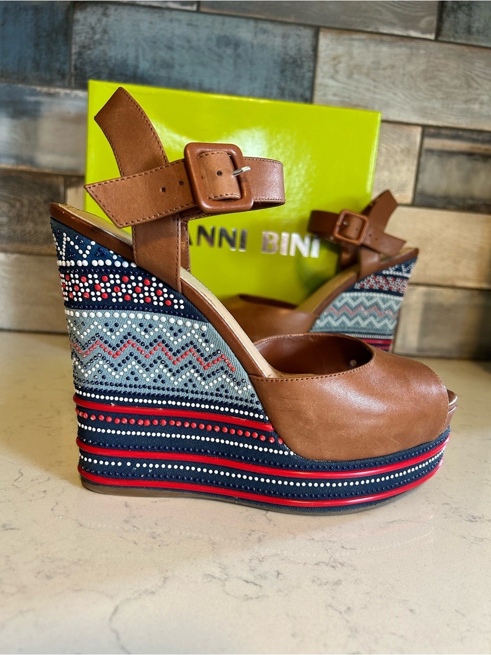 Gianni Bini Tama Hampton Tan Leather Platform Wedge Sandals - Picture 2 of 15